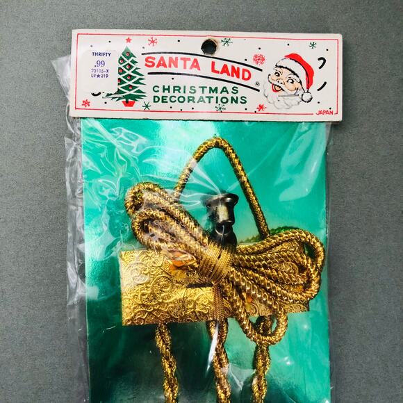 Vintage NOS 60s 70s Santa Land EUC Gold Christmas Ornament Bells on Cord Japan - Picture 3 of 10